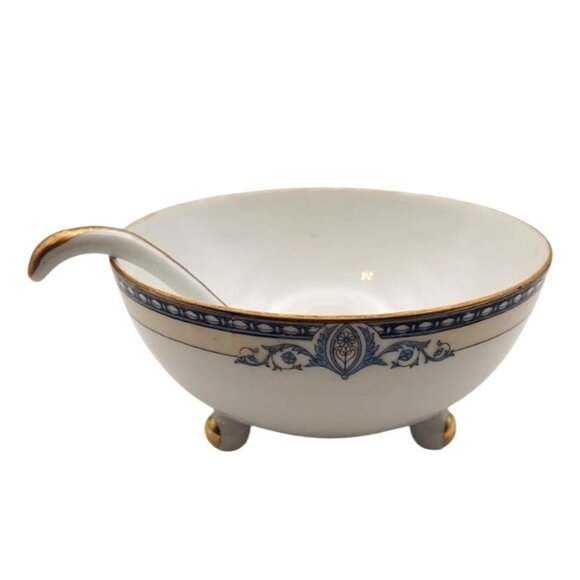 Noritake China Porcelain Azure Pattern 3-Footed Bowl & Ladle Spoon Japan 1930s - Picture 2 of 7